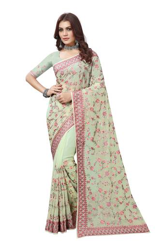Pista Resham Embroidery Work Georgette Saree