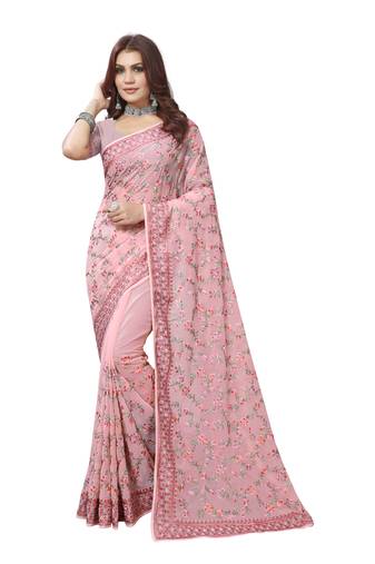 Pink Resham Embroidery Work Georgette party Wear Saree