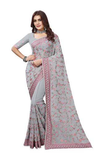 Grey Resham Embroidery Work Georgette Saree