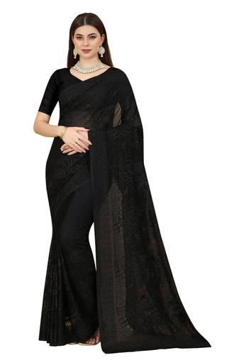Black Resham Stone Embroidery Work Georgette Saree