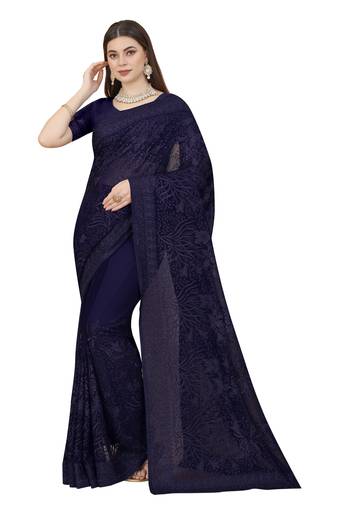 Navy Blue Resham Stone Embroidery Georgette Saree