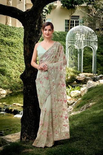 Pistagreen Net Butterfly Embroidery Mirror Work Saree With Blouse