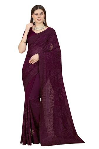 Purple Resham Stone Embroidery Georgette Saree