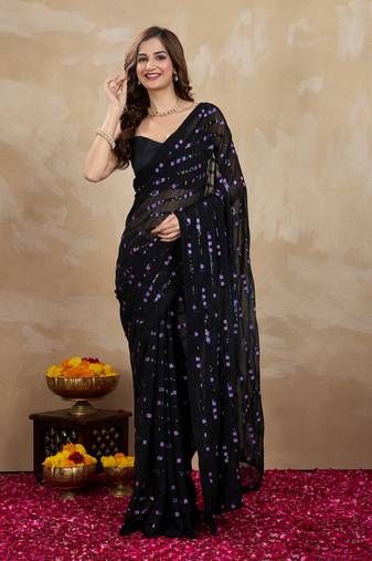 Black Bollywood Saree Georgette Embroidery Work Saree