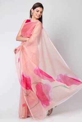 Indiloom Peach Digital Print Organza Saree With Blouse Piece 2