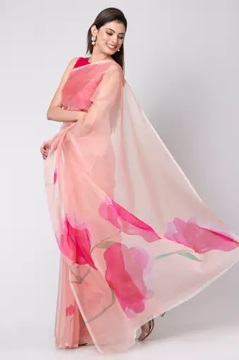 Indiloom Peach Digital Print Organza Saree With Blouse Piece