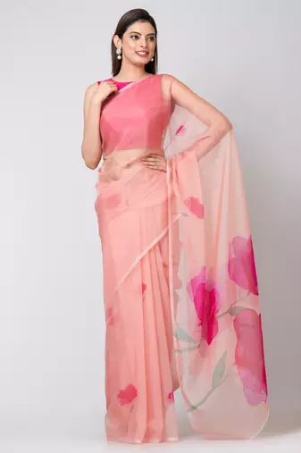 Indiloom Peach Digital Print Organza Saree With Blouse Piece