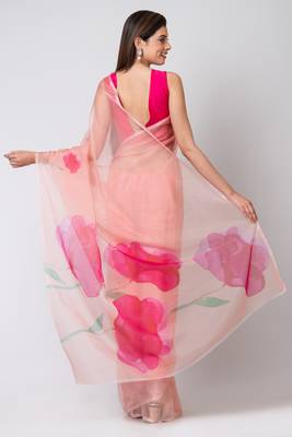 Indiloom Peach Digital Print Organza Saree With Blouse Piece 4