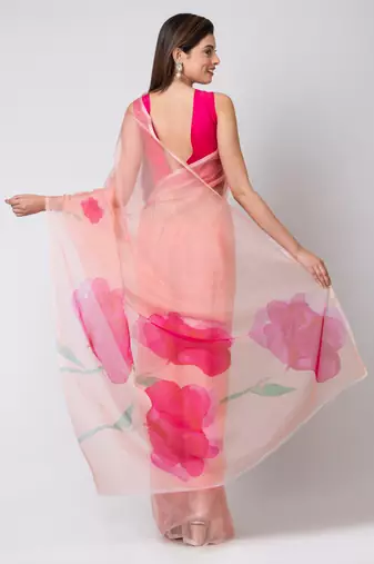 Indiloom Peach Digital Print Organza Saree With Blouse Piece