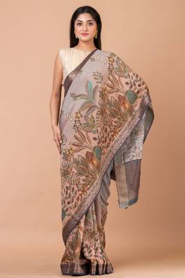 Indiloom Grey Ombre Digital Print Chanderi Zari Saree With Blouse Piece 2