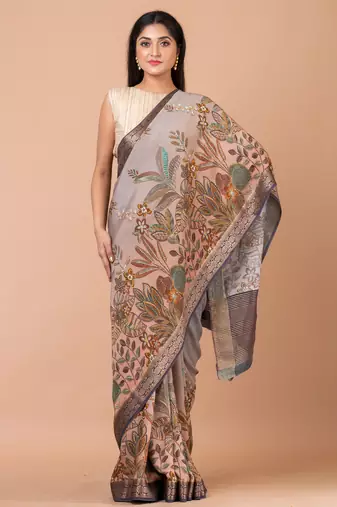 Indiloom Grey Ombre Digital Print Chanderi Zari Saree With Blouse Piece