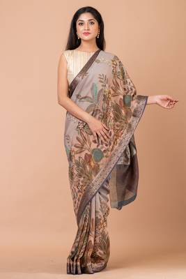 Indiloom Grey Ombre Digital Print Chanderi Zari Saree With Blouse Piece 3
