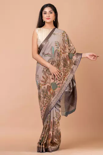 Indiloom Grey Ombre Digital Print Chanderi Zari Saree With Blouse Piece