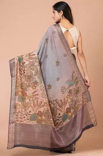 Indiloom Grey Ombre Digital Print Chanderi Zari Saree With Blouse Piece