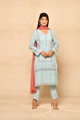 Straight kurta set in cotton with embroidery and lace details paired with chiffon dupatta and pant 1