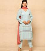 Straight kurta set in cotton with embroidery and lace details paired with chiffon dupatta and pant
