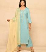Straight kurta set with embroidery details paired with chiffon dupatta and pant
