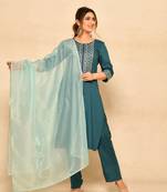 Teal blue kurta set with mirrorwork embroidery details paired up with straight pants and organza dupatta
