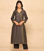 Black angrakha kurta set with lace details paired with black rayon pant