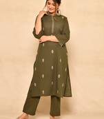Olive green kurta pant set with embroidery details paired