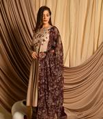 Khakhi wine kurta pant set with embroidered an gathered kurti with straight pants and printed dupatta