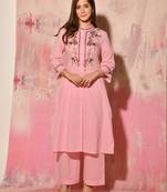 Pink embroidered, a line cotton suit set with straight pant.