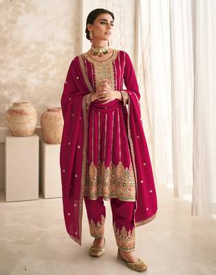 Pink embroidered premium silk pant style salwar kameez with dupatta 1