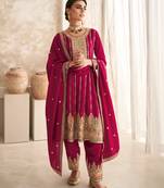 Pink embroidered premium silk pant style salwar kameez with dupatta