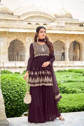 Wine georgette full stitch wedding gharara suits