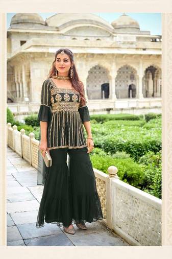 Dark green georgette full stitch wedding gharara suits