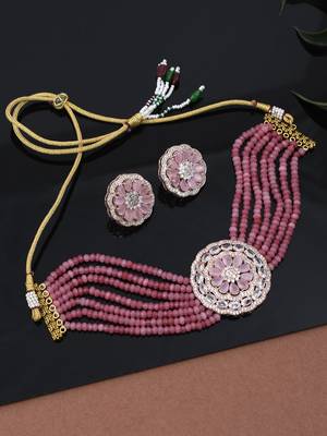 Ad rose pink gold choker jewellery set with earring for women & girls 1