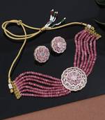 Ad rose pink gold choker jewellery set with earring for women & girls