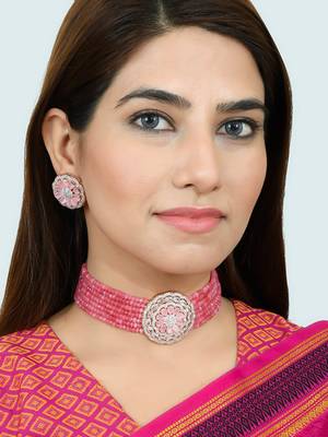 Ad rose pink gold choker jewellery set with earring for women & girls 2