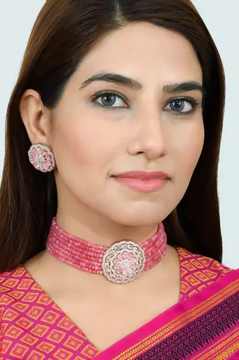 Ad rose pink gold choker jewellery set with earring for women & girls