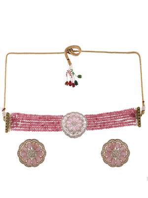 Ad rose pink gold choker jewellery set with earring for women & girls 3