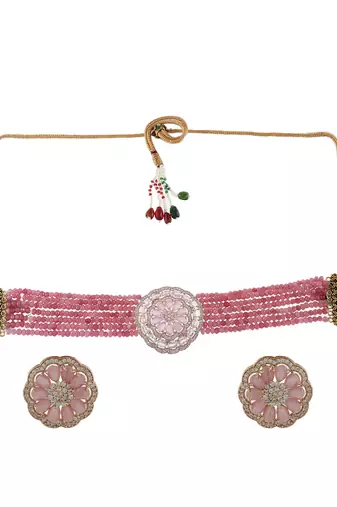 Ad rose pink gold choker jewellery set with earring for women & girls