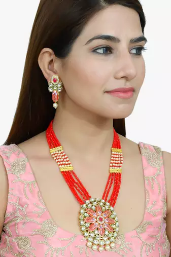 Red meenakari long necklace jewellery set for women