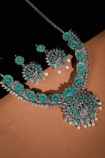 Floral temple oxidised silver jewellery set