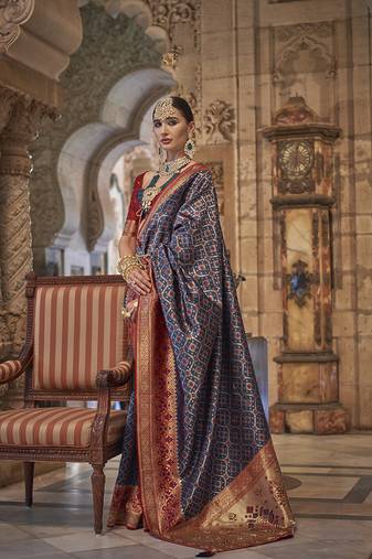 Navy Blue Color Weaving Silk Blend Saree With Blouse