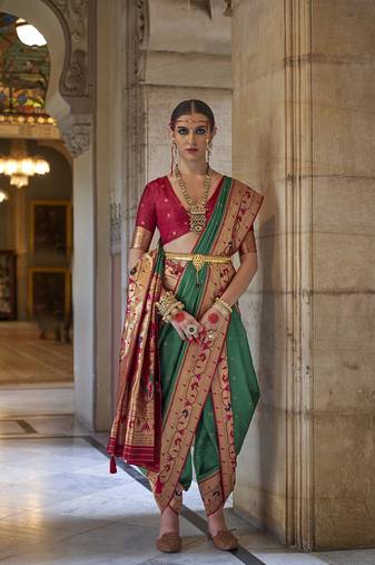 Dark green color paithani silk blend weaving saree with blouse