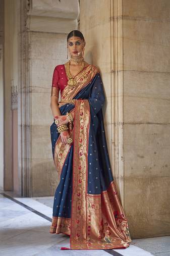 Dark blue color paithani silk blend weaving saree with blouse