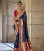 Dark blue color paithani silk blend weaving saree with blouse