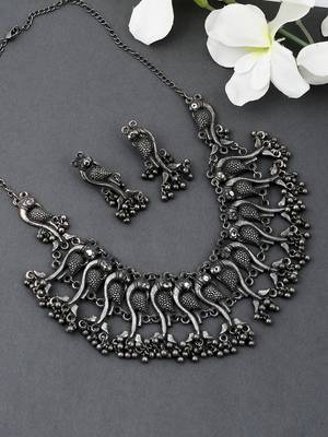 Oxidised silver antique peacock necklace set 1