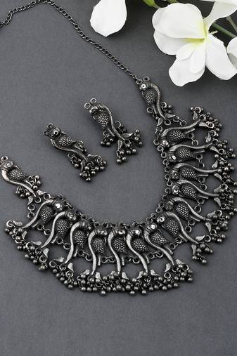 Oxidised silver antique peacock necklace set