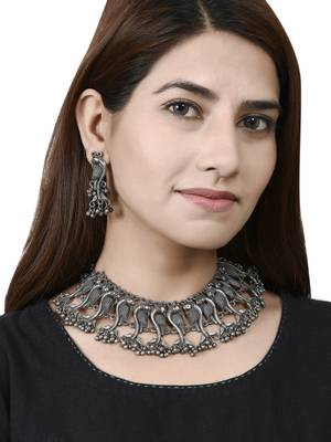 Oxidised silver antique peacock necklace set 2