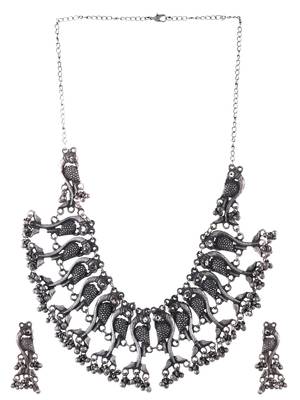 Oxidised silver antique peacock necklace set 3