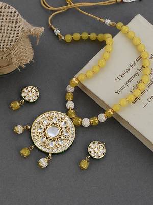 Yellow beads with pearl kundan jewellery set 1