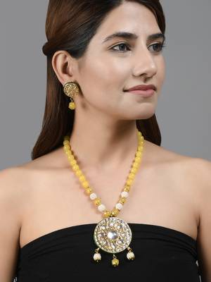 Yellow beads with pearl kundan jewellery set 2