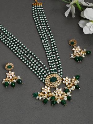 Pearl and green onyx kundan long ranihaar jewellery set for wedding 1