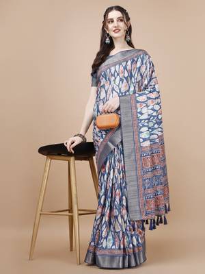 Blue Ethnic Motifs Digital Printed Tussar Silk Blend Saree 1